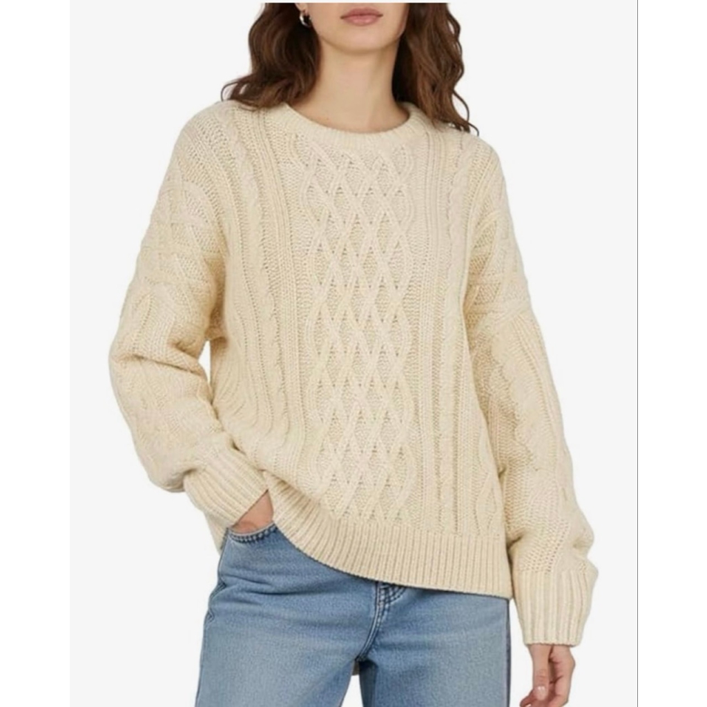 New Ivory Oversized Chunky Cable Knit Crewneck Sweater M